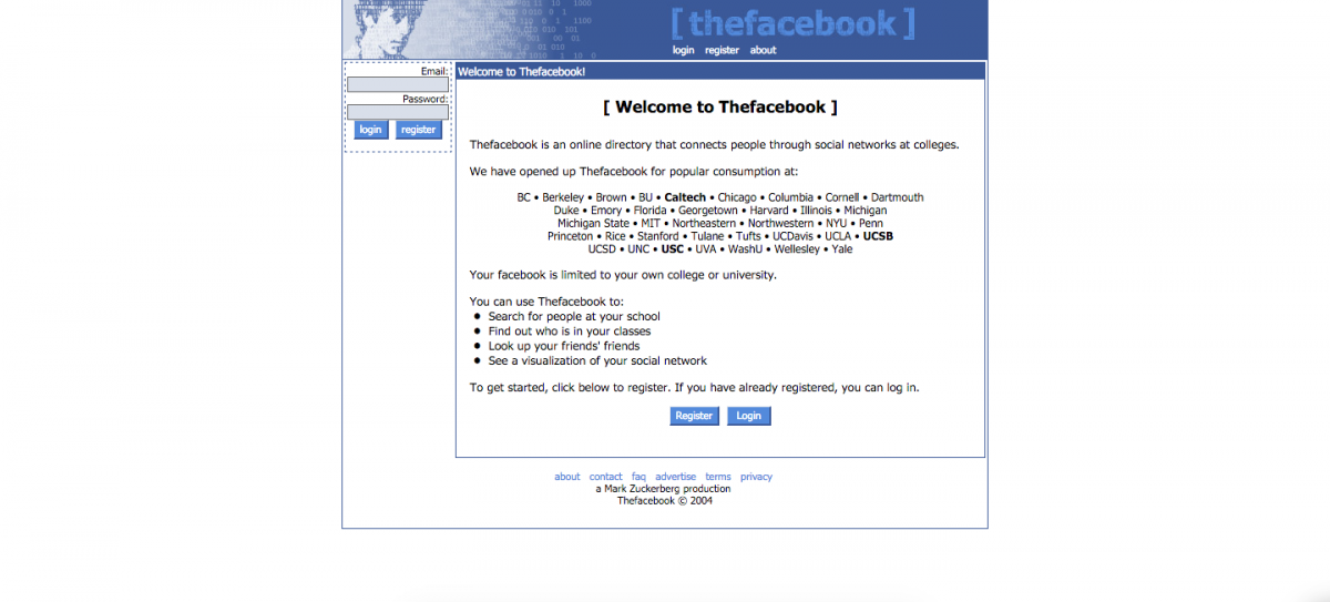Facebook 2004., Foto: Archive.org