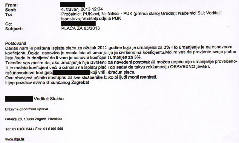 Državna geodetska uprava od svojih službenika zatražila je jučer da poslodavcu, odnosno državi, obav