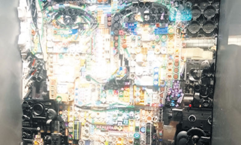 Portret izrađen od komada plastičnog  otpada, gumba, konzola, telefona,   kazeta.../Marija Crnjak/PO