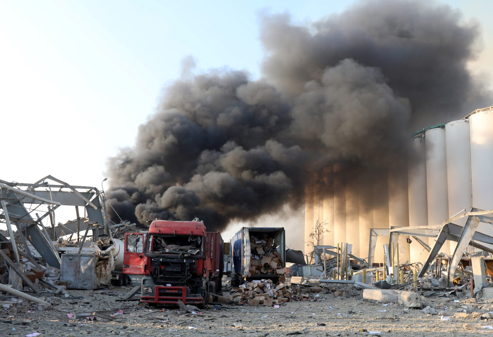Smoke and damage are pictured following an explosion in Beirut's port area