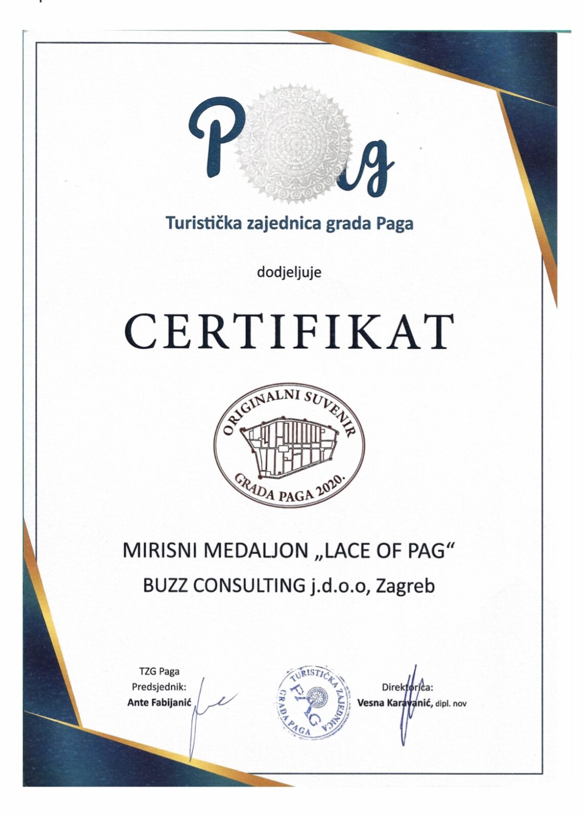 Certifikat Originalni Suvenir Grada Pada 2020