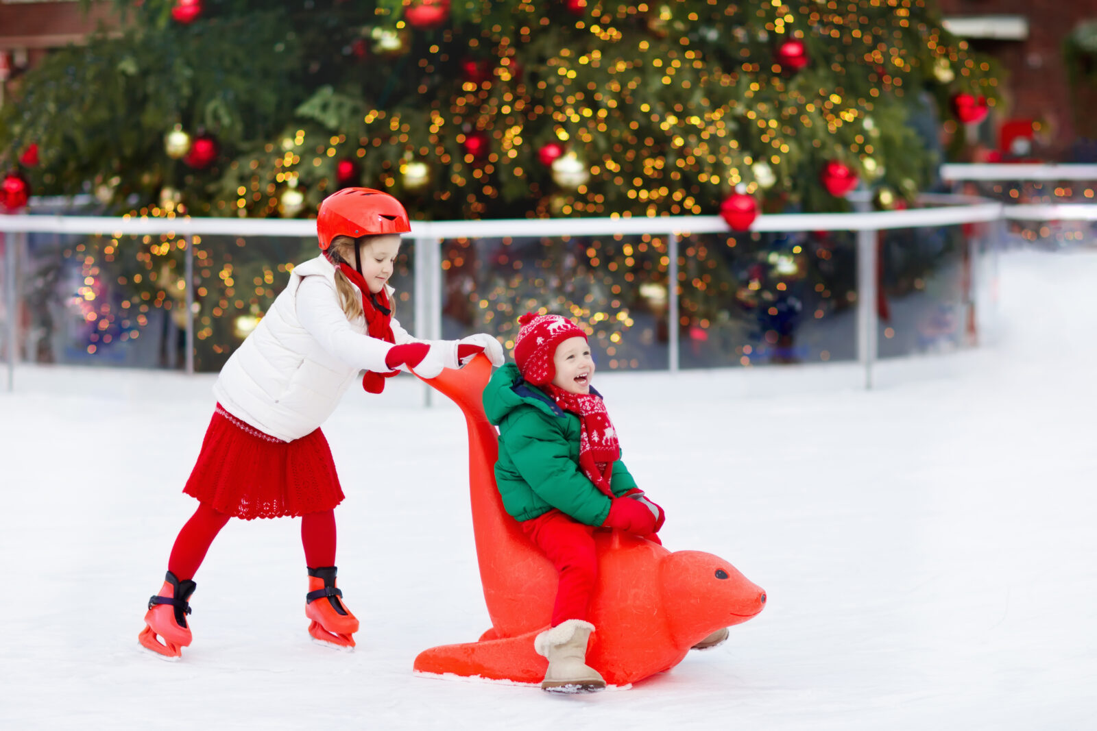 Kids,Ice,Skating,In,Winter,Park,Rink.,Children,Ice,Skate