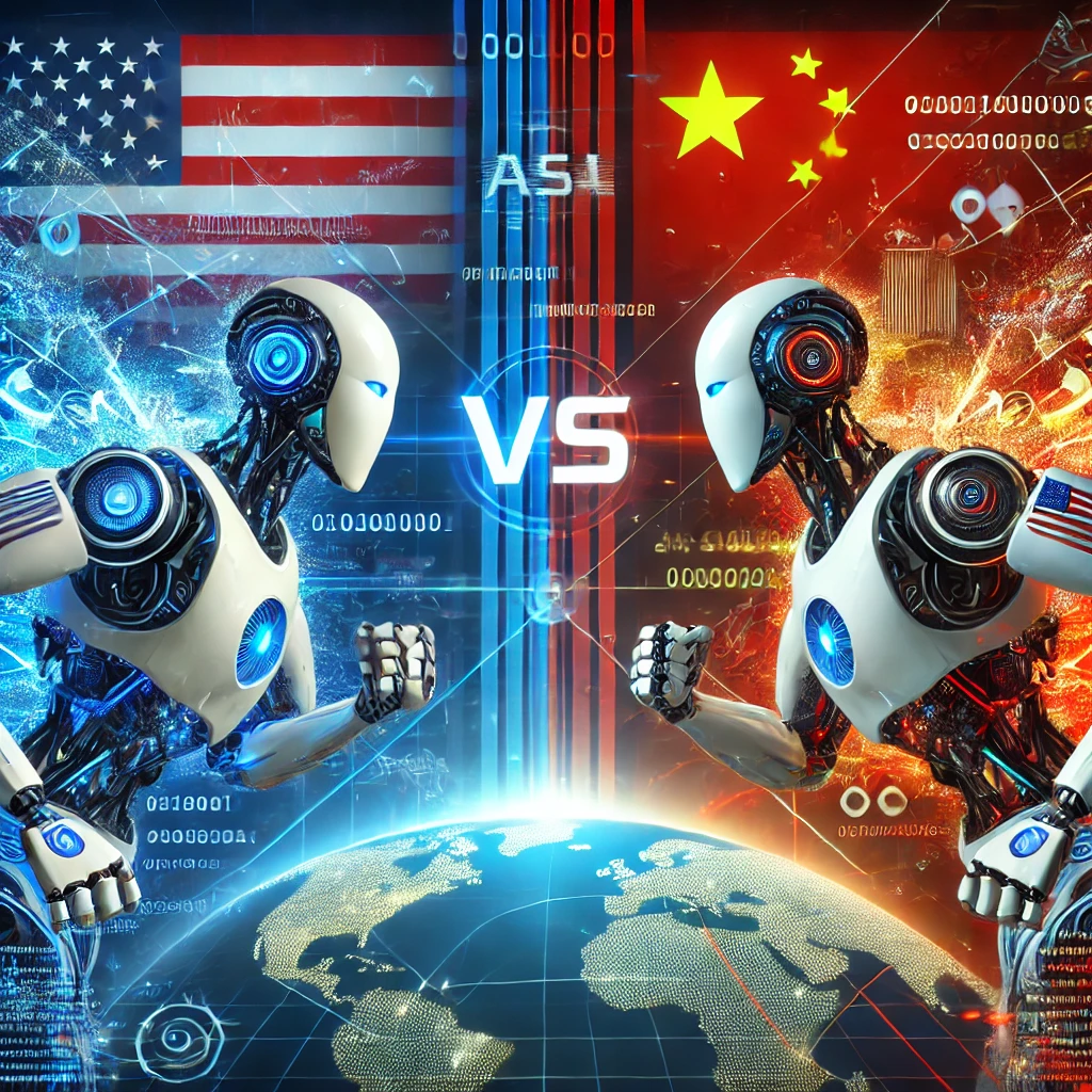 DALL·E 2025-01-26 13.30.18 – A dynamic illustration representing the technological race between AI chatbots in the United States and China. The image should feature two